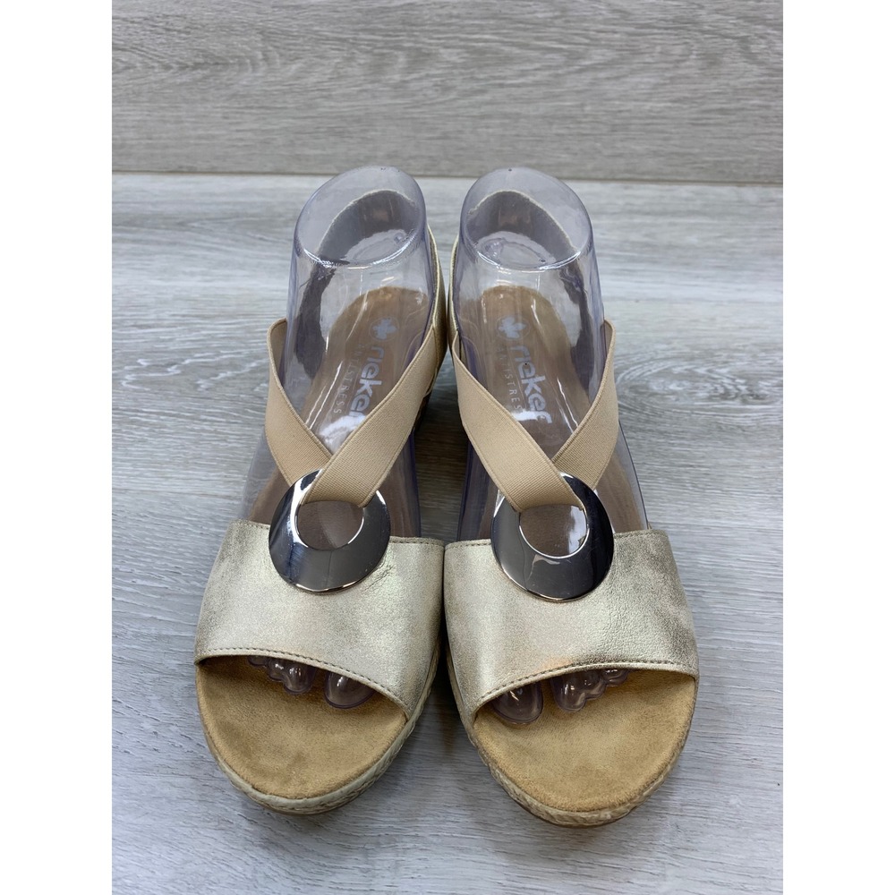 Rieker Antistress Women's Gold Metallic Elastic Wedge Sandals Size 39 EU 8 US - Picture 2 of 12